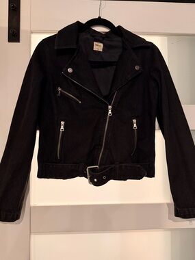 GAP Black Jean Moto Jacket with Belted Waist and Zippers